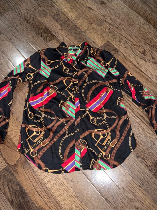Lauren Ralph Lauren Tops - Lauren Ralph Lauren 1X Equestrian Print Button Front Shirt Black 100% Cotton